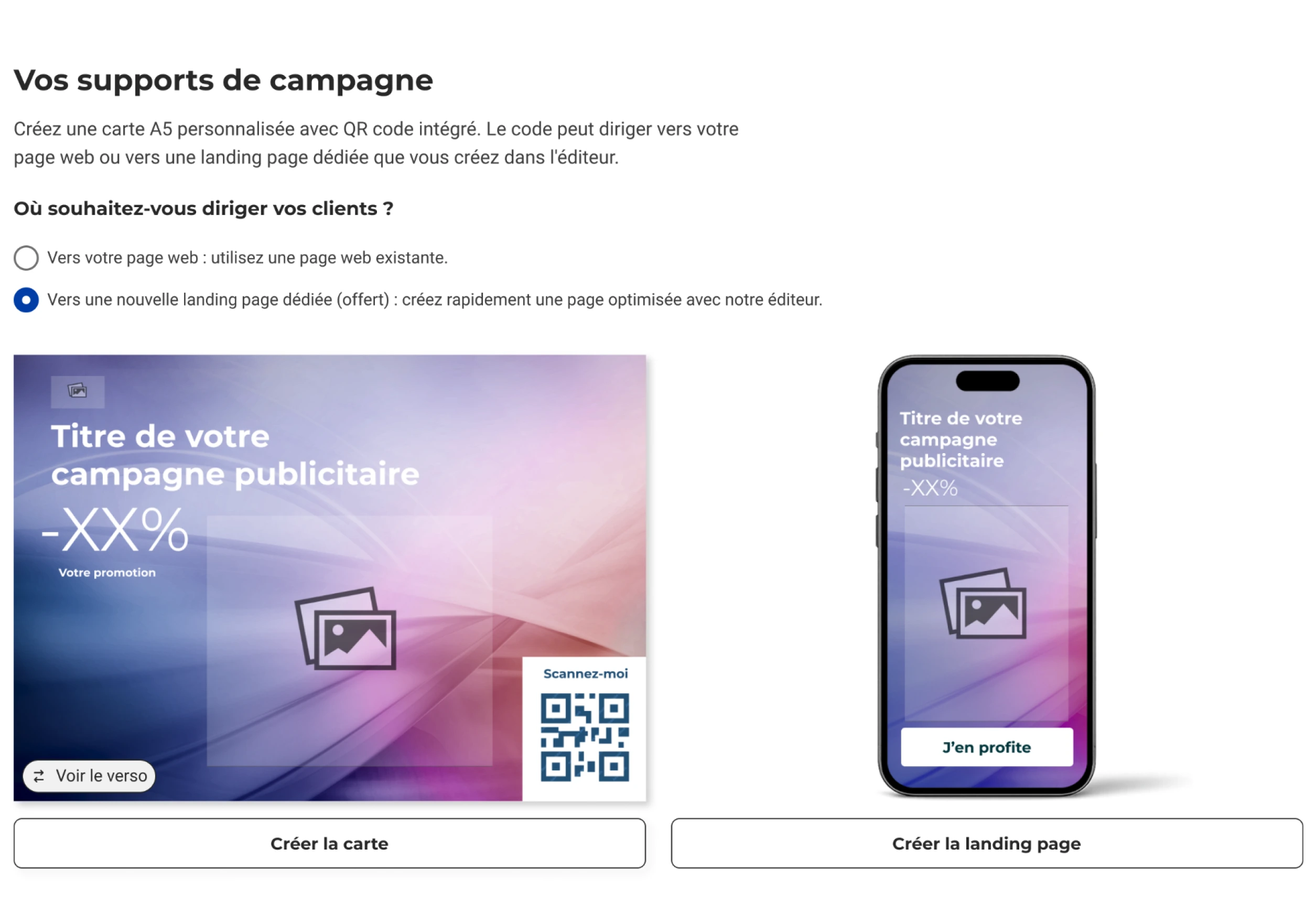 Choix entre une page web existante et la création d’une page dédiée, avec deux boutons radio et leurs descriptions