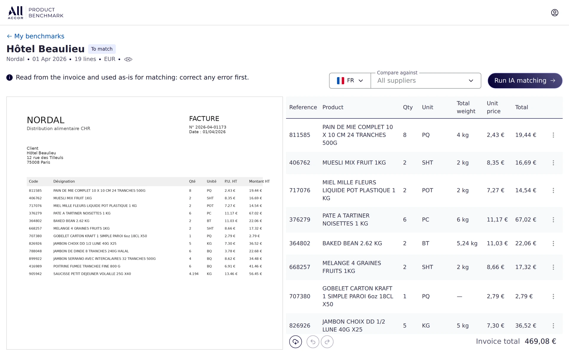 Écran de vérification avant comparaison : à gauche l'aperçu de la facture d'origine, à droite le tableau de ce qui en a été lu, référence, produit, quantité, unité, poids, prix unitaire et total par ligne, avec le total de la facture en bas et le bouton qui lance la comparaison