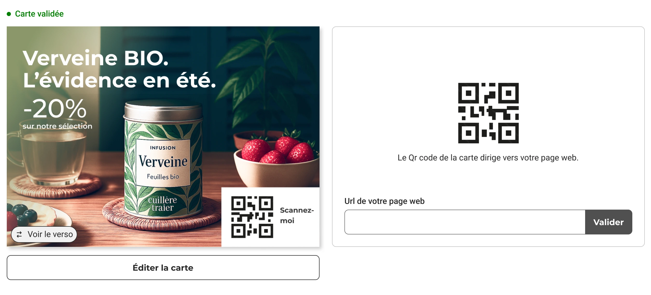 Aperçu de la carte avec le statut vert Carte validée et un bouton Éditer