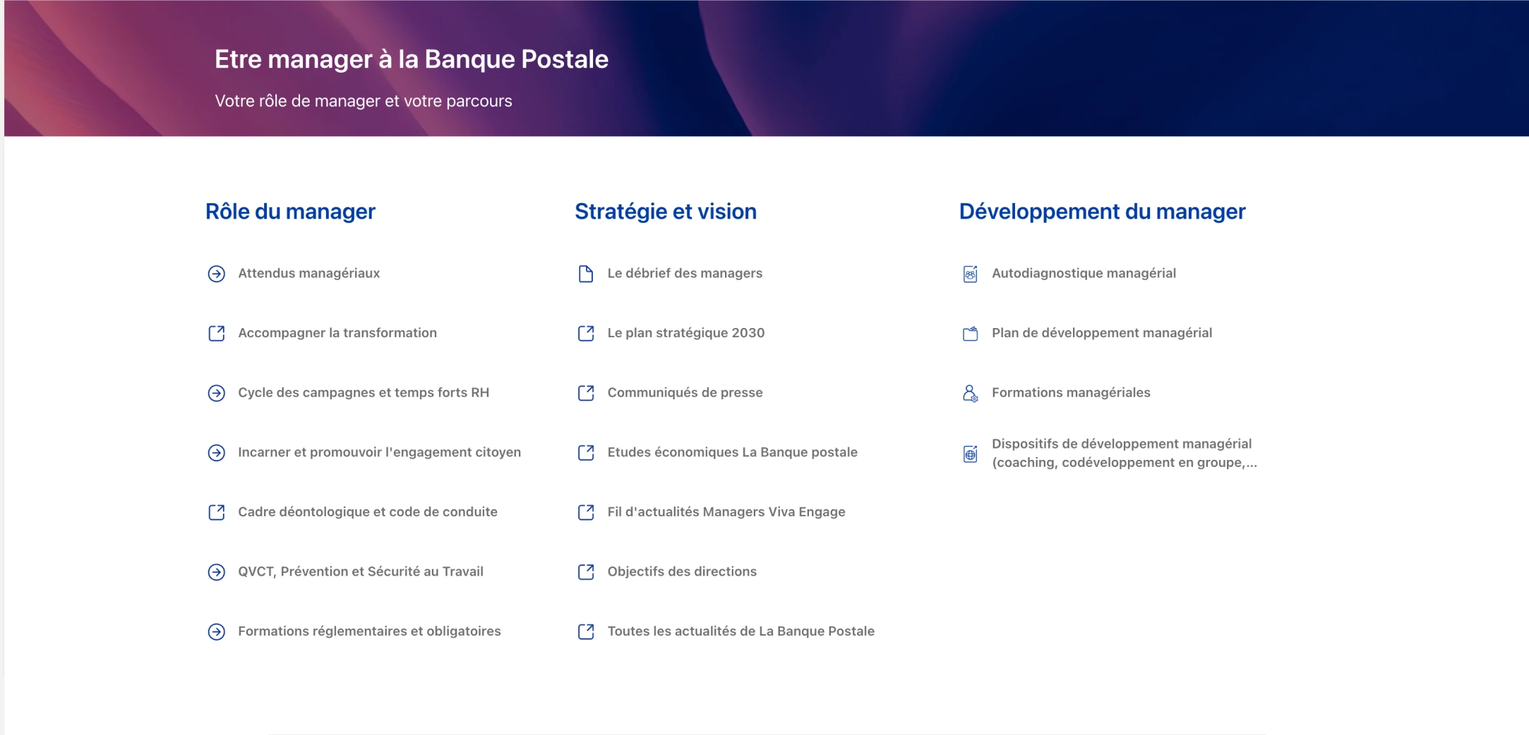 Capture du menu Être manager à la Banque Postale, organisé en trois colonnes