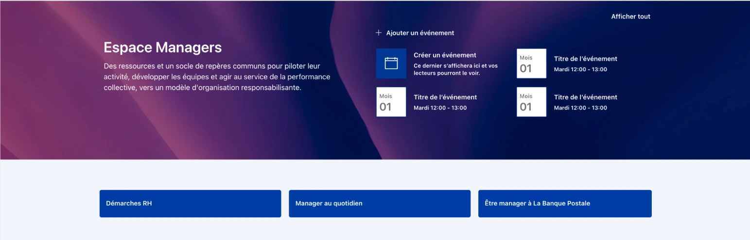 Capture de l’accueil Espace Managers : un bandeau, trois entrées et des cartes d’événements d’exemple