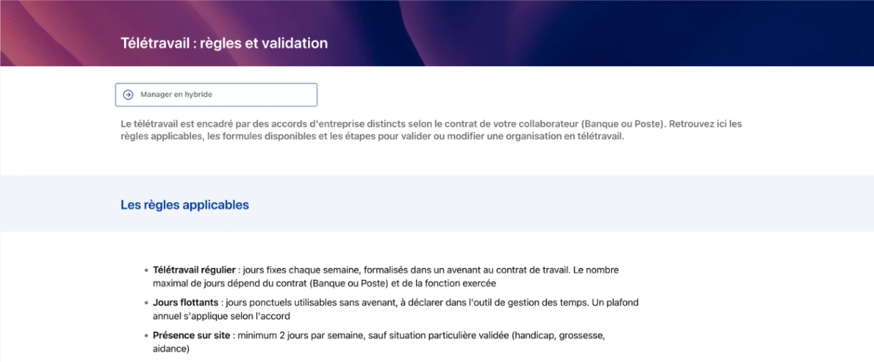 Extrait de la page Télétravail, avec lien connexe, introduction, intertitre et liste de règles